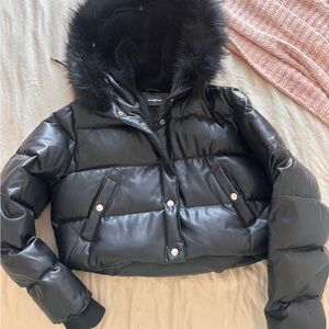 The Kooples Black Puffer Jacket with Faux Fur Trim